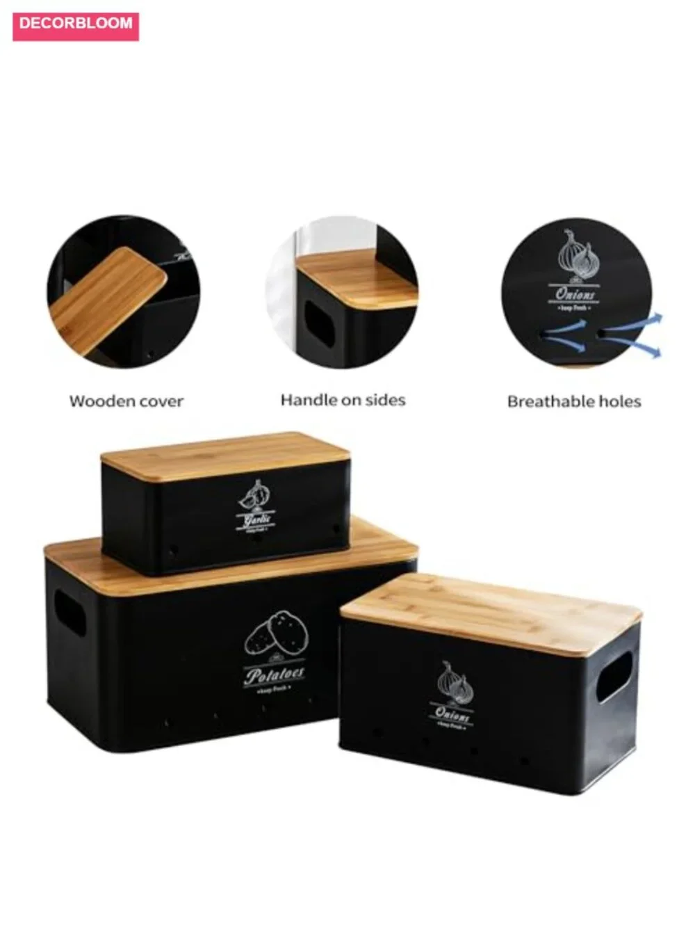 Potato Onion Garlic Storage Bin Set of 3, Black Metal Canisters with Bamboo